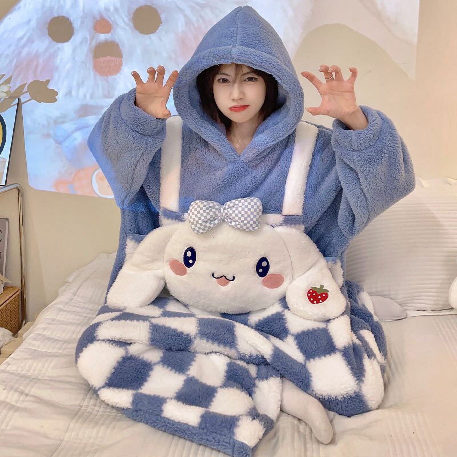 Sanrio Casual Blue Plaid Plush One-Piece Pajamas Sweet Girl Heart Cartoon  Cute Cinnamoroll Thickened Hooded Pajamas Home Clothes