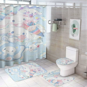 Sanrio Characters Kitty Kuromi Bathroom Set - 4 Piece Shower Curtain Set with 72x72 inch Shower Curtain, Bath Mat,Toilet Lid Cover,U-Shaped Rug and 12 Hooks