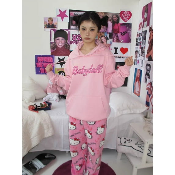 Sanrio Christmas Hello Kitty Flannel Pajamas Black Women'S Warm Woolen Cartoon Casual Home Pants In Winter Fashion Trousers Gift