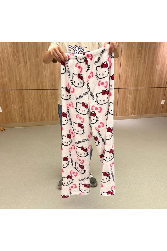 Sanrio Christmas Hello Kitty Flannel Pajamas Black Women'S Warm Woolen Cartoon Casual Pants Fashion Halloween Christmas Trousers