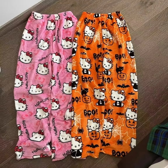 Sanrio Christmas Hello Kitty Flannel Pajamas Black Women'S Warm Woolen Cartoon Casual Pants Fashion Halloween Christmas Trousers