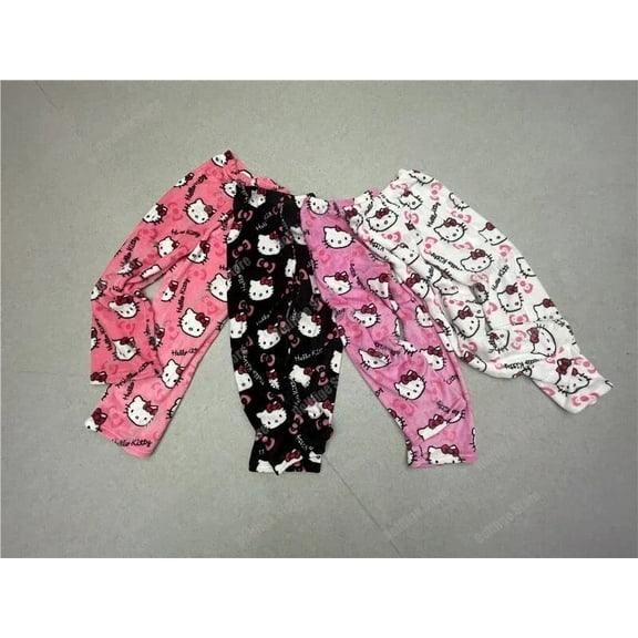 Sanrio Christmas Hello Kitty Flannel Pajamas Black Women'S Warm Woolen Cartoon Casual Pants Fashion Halloween Christmas Trousers