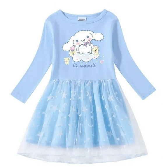 Sanrio Cinnamoroll Girls Dress Kids Cartoon Long Sleeve Gauze Skirt Printed Princess Dress Children's Spring Autumn Clothing