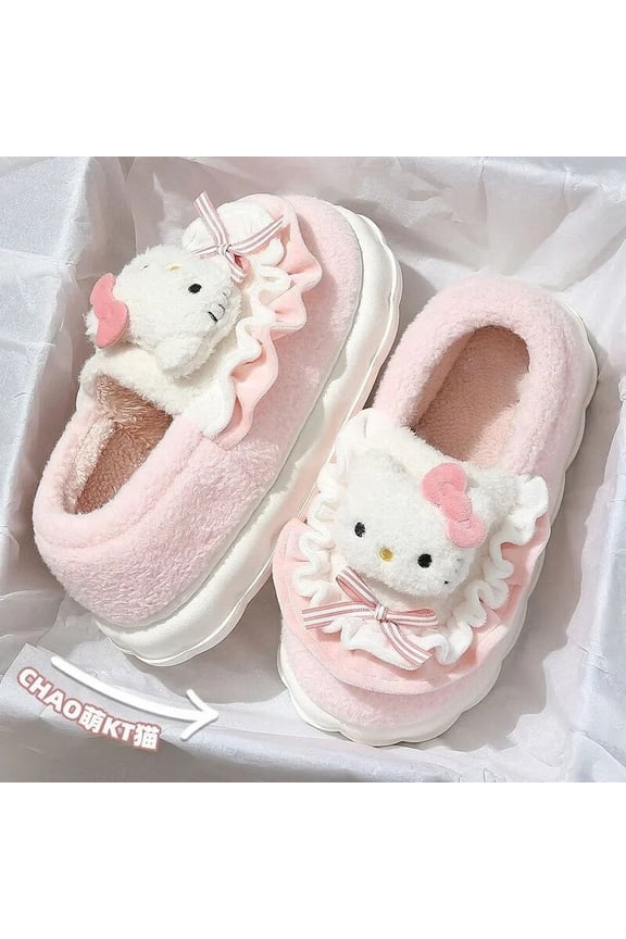 Sanrio Cinnamoroll Hello Kitty Kuromi Slippers Cute Cotton Fuzzy Slippers Women's Winter Velvet Warm Home Shoes Girl Gifts