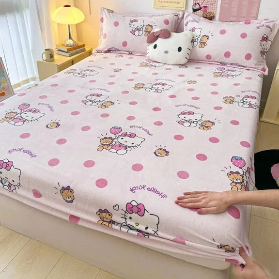 Sanrio Cinnamoroll Kuromi Hello Kitty Fitted Sheet Cartoon Thicken Milk Velvet Anti-slip Mattress Protector Cute Bedding Gift
