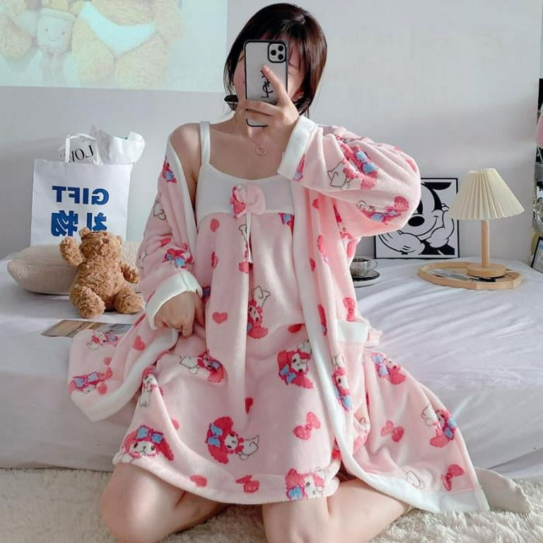 Sanrio Cinnamoroll My Melody Plush Cotton Nightdress With Robe Two-piece  Pajamas Set For Women Home Cute Nightgown Bathrobe Suit