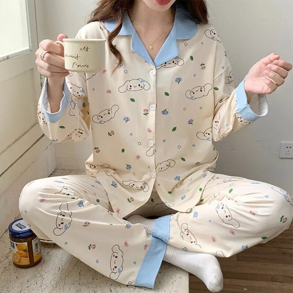 Sanrio Cinnamoroll Pompompurin Cartoon Long Sleeve Pajamas Suit Women Spring Autumn Cute Sweet Girly Student Home Sleepwear