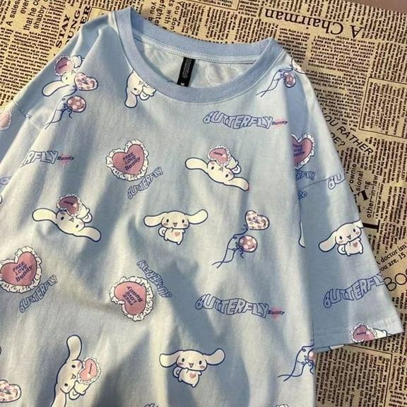Sanrio Cinnamoroll Print Cute Cartoon Short Sleeved T-shirt Y2k Women's Trendy Loose Oversized Cute Tees Summer Tops Clothes