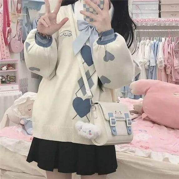 Sanrio Cinnamoroll Knitted Sweater Womens Kawaii Anime Autumn O-neck Sweater Girls Y2k Korean Fashion Street Sweatshirt Jk Coat