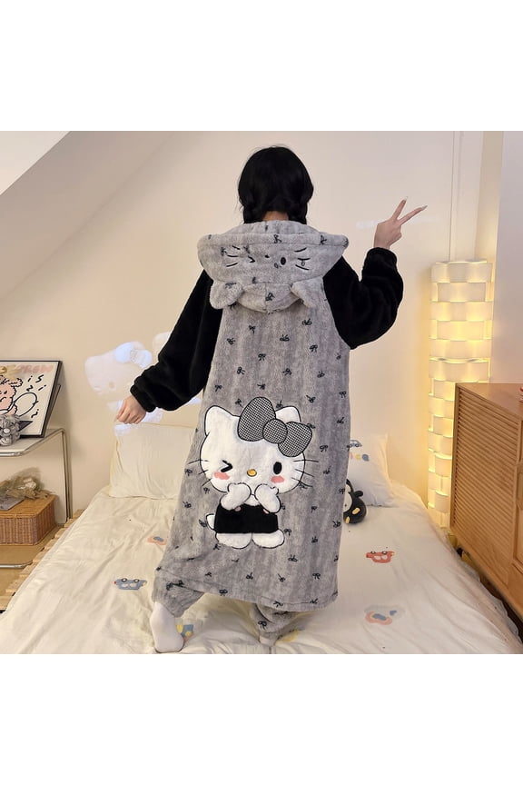 Sanrio Coral Velvet Nightgown Anime Cartoon Hello Kitty Thickened Velvet Autumn and Winter Warm Long Home ClothesSet
