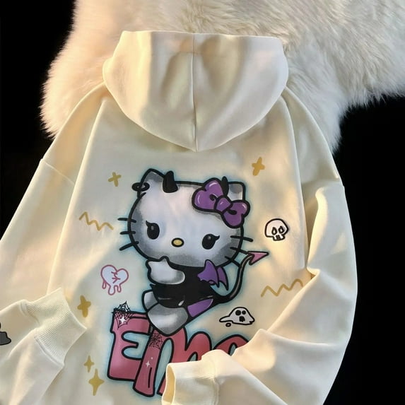Sanrio Demon Hello Kitty Y2k Vintage Hoodie American Cute Zip Up Coat Women Winter Emo Chic Couple Halloween Sweatshirt Yk2 Tops