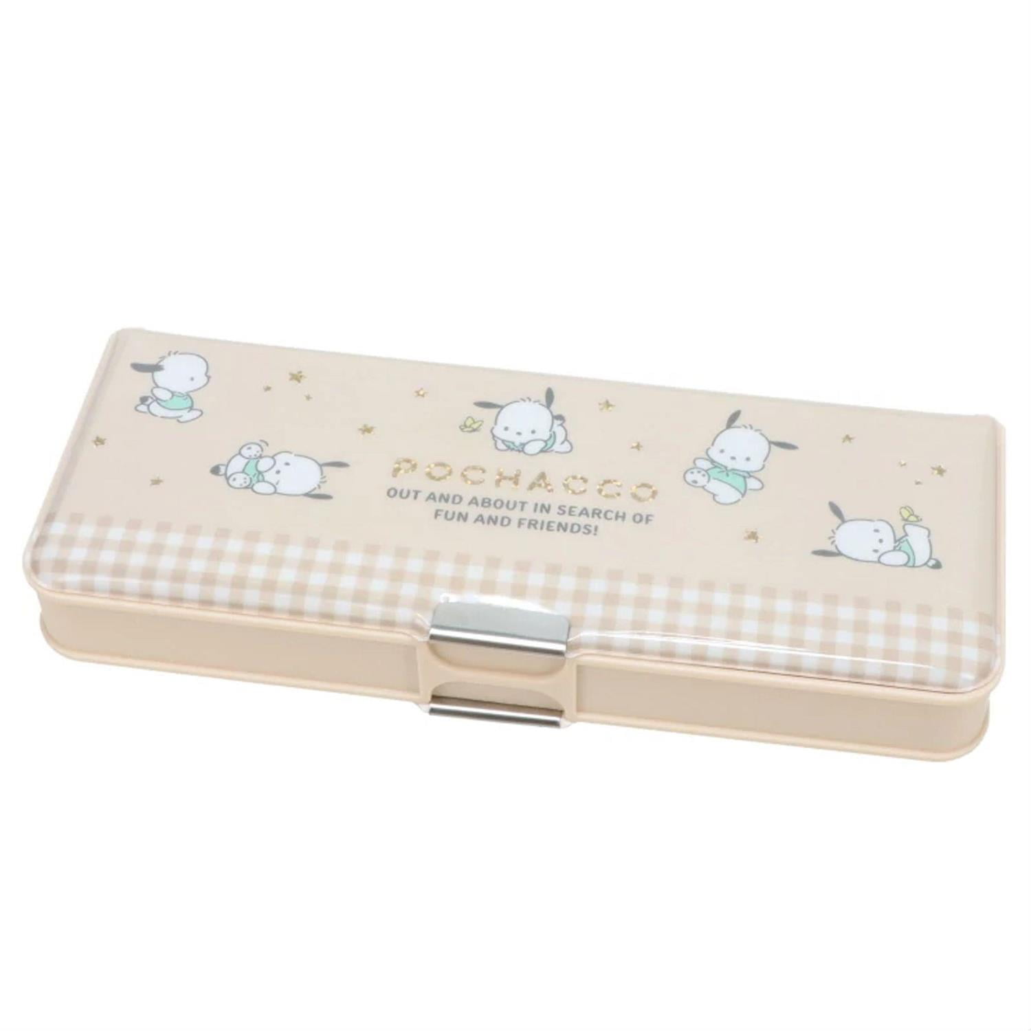 Sanrio Double-sided Open Pencil Case Pochacco - Taupe Check