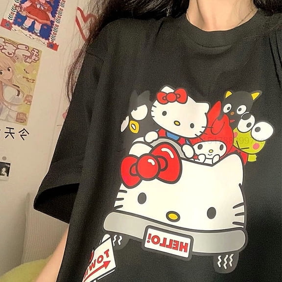 Sanrio Fashion Tshirt Women Tees Cotton Clothes Short Sleeve T-shirt Summer New Cartoon Hello Kitty Cute Printed Top Korean