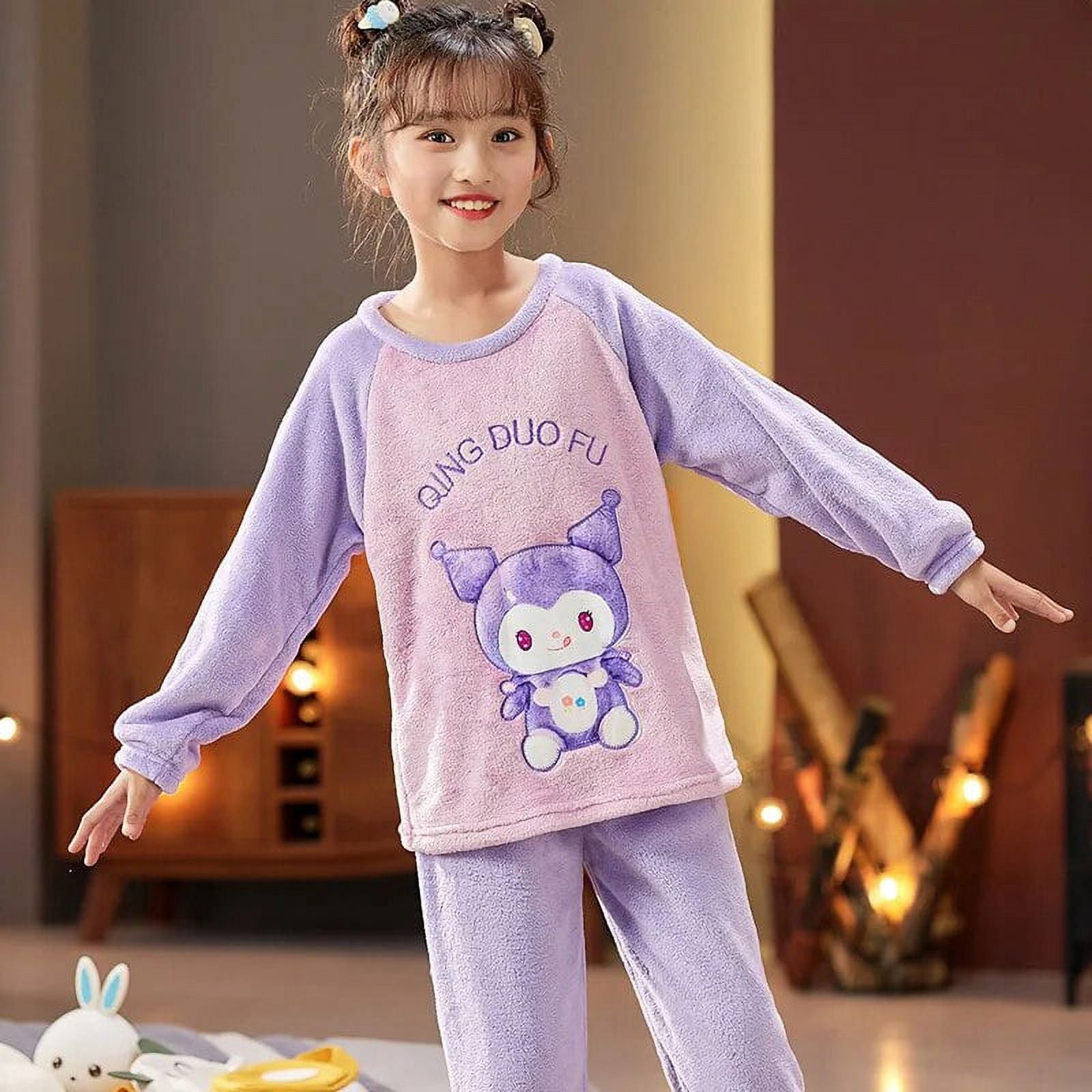Sanrio Flannel Childrens Pajamas Set Hello Kitty Cinnamoroll Winter Thicken Winter Sleepwear Kid