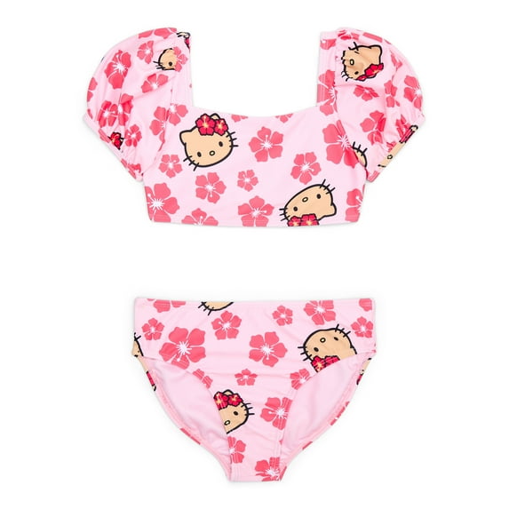 Hello Kitty Girls and Big Girls Hibiscus Top and Bottoms Swim Set, 2-Piece, Sizes 4-12