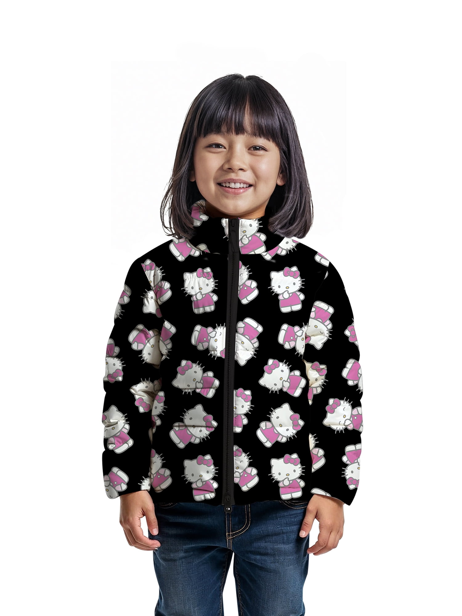 Hello Kitty Girls and Big Girls Print Zip Puffer Jacket, Lightweight, Sizes 4-18