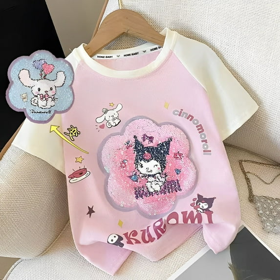 Sanrio Girls Clothes Anime Kuromi Discoloration Sequins Children T-shirts Cartoon Pure Cotton Short Sleeves Cute Loose Clothes
