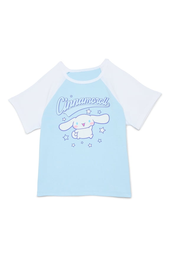 Sanrio Cinnamoroll Girls Raglan Graphic Tee with Short Sleeves, Sizes 4-16
