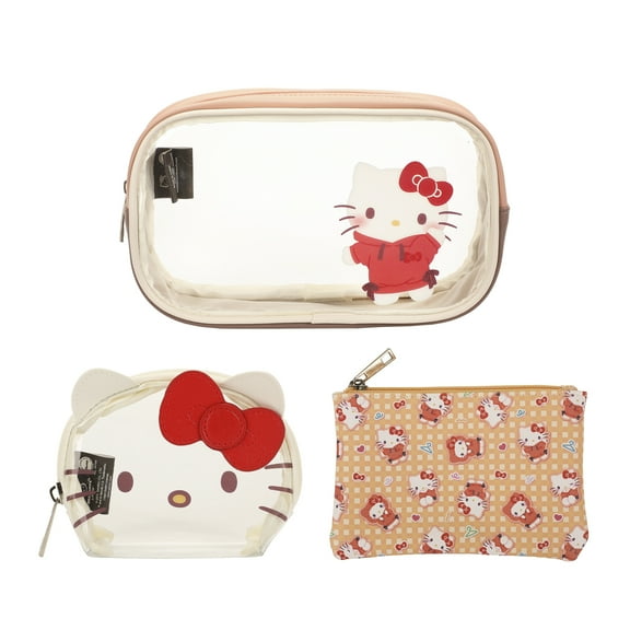 Sanrio Hello Kitty 3-Piece Cosmetic Bag Set with Pattern Print and Zipper Closure