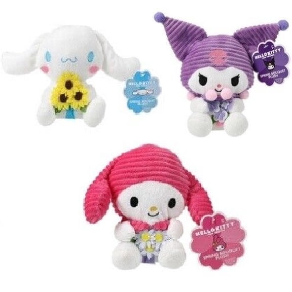 Sanrio Hello Kitty And Friends Spring Bouquet Flower Easter Plush, 6 inch, Set of 3 - My Melody, Kuromi & Cinnamoroll