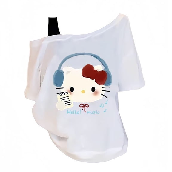 Sanrio Hello Kitty Asymmetric Shoulder Tee Cotton Women Summer Cute Sweet Kawaii T-Shirt