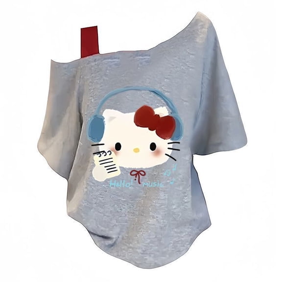 Sanrio Hello Kitty Asymmetric Shoulder Tee Cotton Women Summer Cute Sweet Kawaii T-Shirt