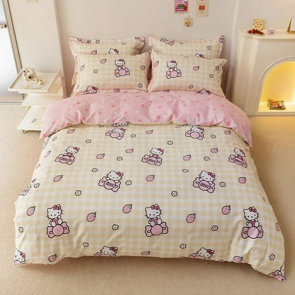 Sanrio Hello Kitty Bedding Set 100%cotton Duvet Cover Bed Sheet Pillowcase Bedsheet Single King Queen Twin Size Home Textile