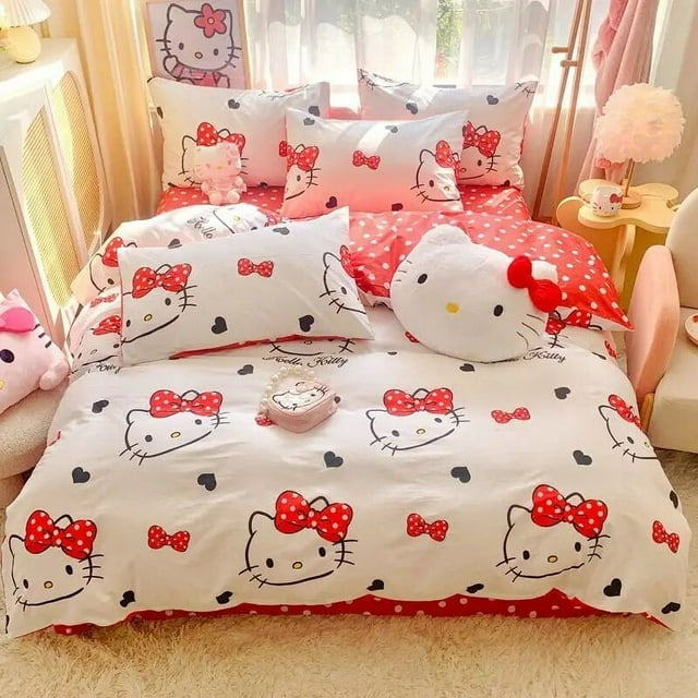 Sanrio Hello Kitty Bedding Set Cute Cotton Four Piece Double Queen Size Bed Linens Pillowcase