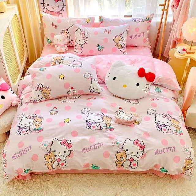 Sanrio Hello Kitty Bedding Set Cute Cotton Four Piece Double Queen Size Bed Linens Pillowcase