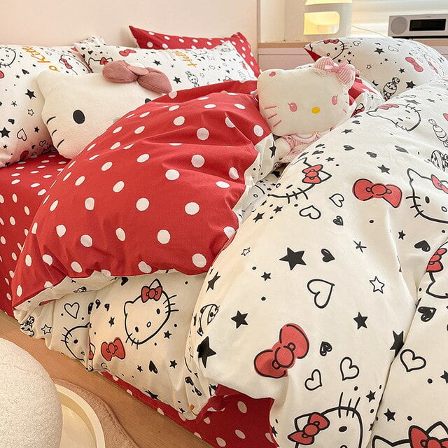 Sanrio Hello Kitty Bedding Set Cute Cotton Four Piece Double Queen Size Pillowcase Bed Linens