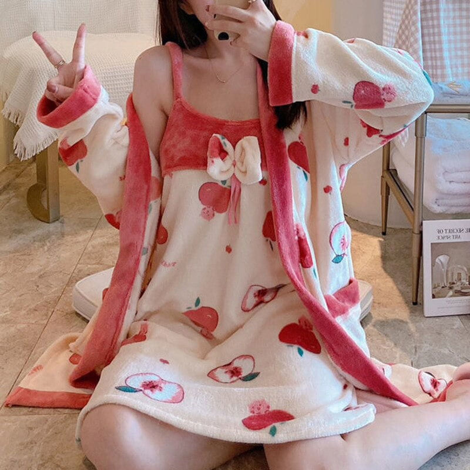 Sanrio Hello Kitty Blue Pink Plush Cotton Nightdress With Robe Two-piece  Pajamas Set For Women Home Cute Nightgown Bathrobe Suit