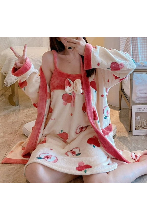 Sanrio Hello Kitty Blue Pink Plush Cotton Nightdress With Robe Two-piece Pajamas Set For Women Home Cute Nightgown Bathrobe Suit