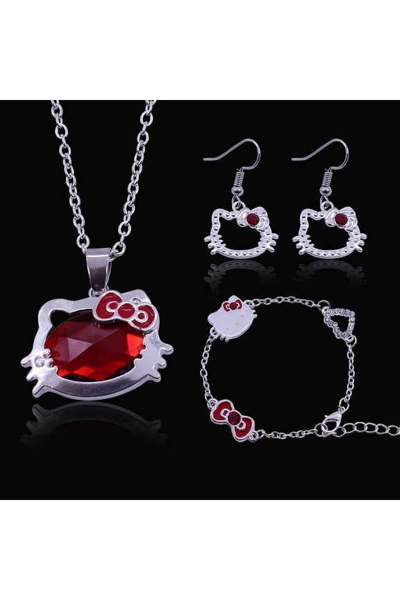 Sanrio Hello Kitty Bracelet Necklace Earrings Ruby Jewelry Set Accessories Fashion Decorate Delicate Wild Simple Girlfriend Gift