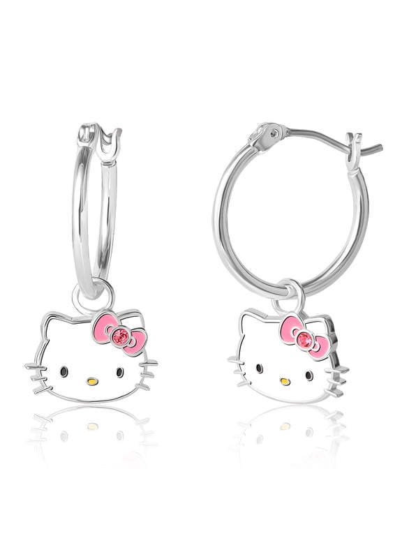 Sanrio Hello Kitty Brass Flash Silver Plated Pink Crystal Charm Hoop Earrings