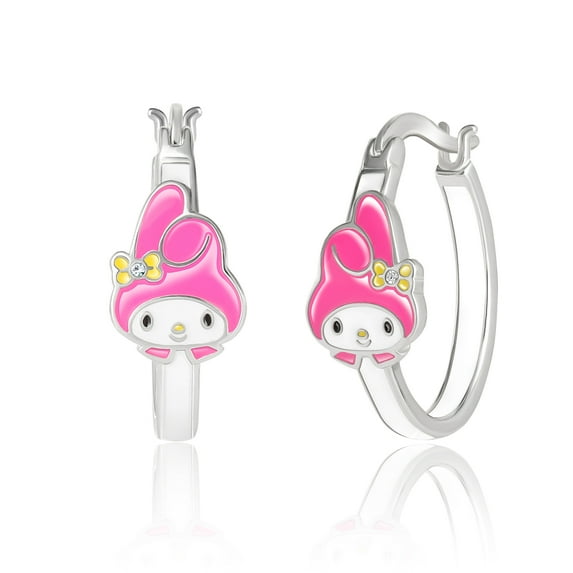 Sanrio Hello Kitty Brass Silver Plated Enamel Hoop Earrings - My Melody Pink