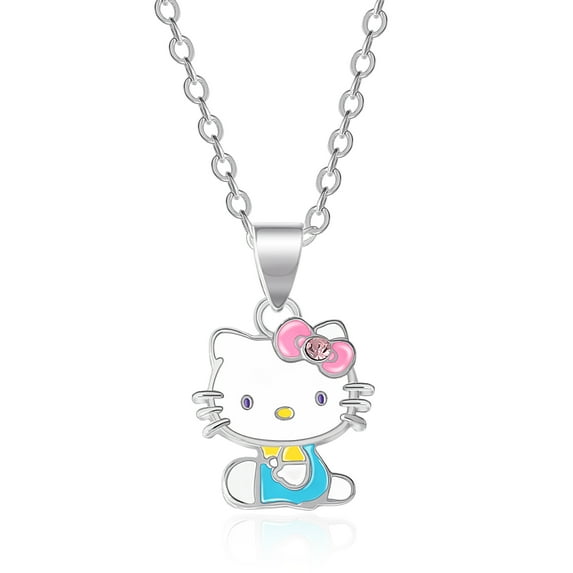 Sanrio Hello Kitty Brass Silver Plated Enamel Seated Necklace - 18'' Chain, Officially Licensed