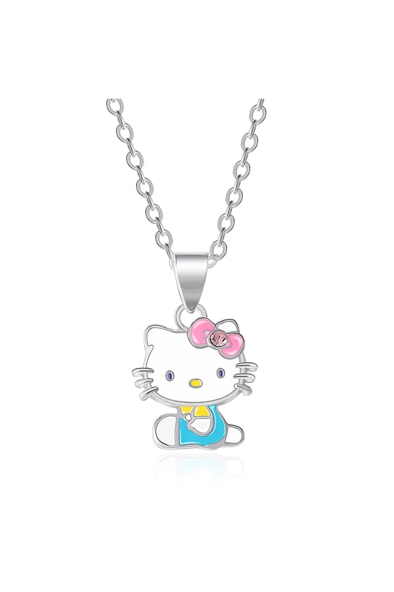 Sanrio Hello Kitty Brass Silver Plated Enamel Seated Necklace - 18'' Chain, Officially Licensed