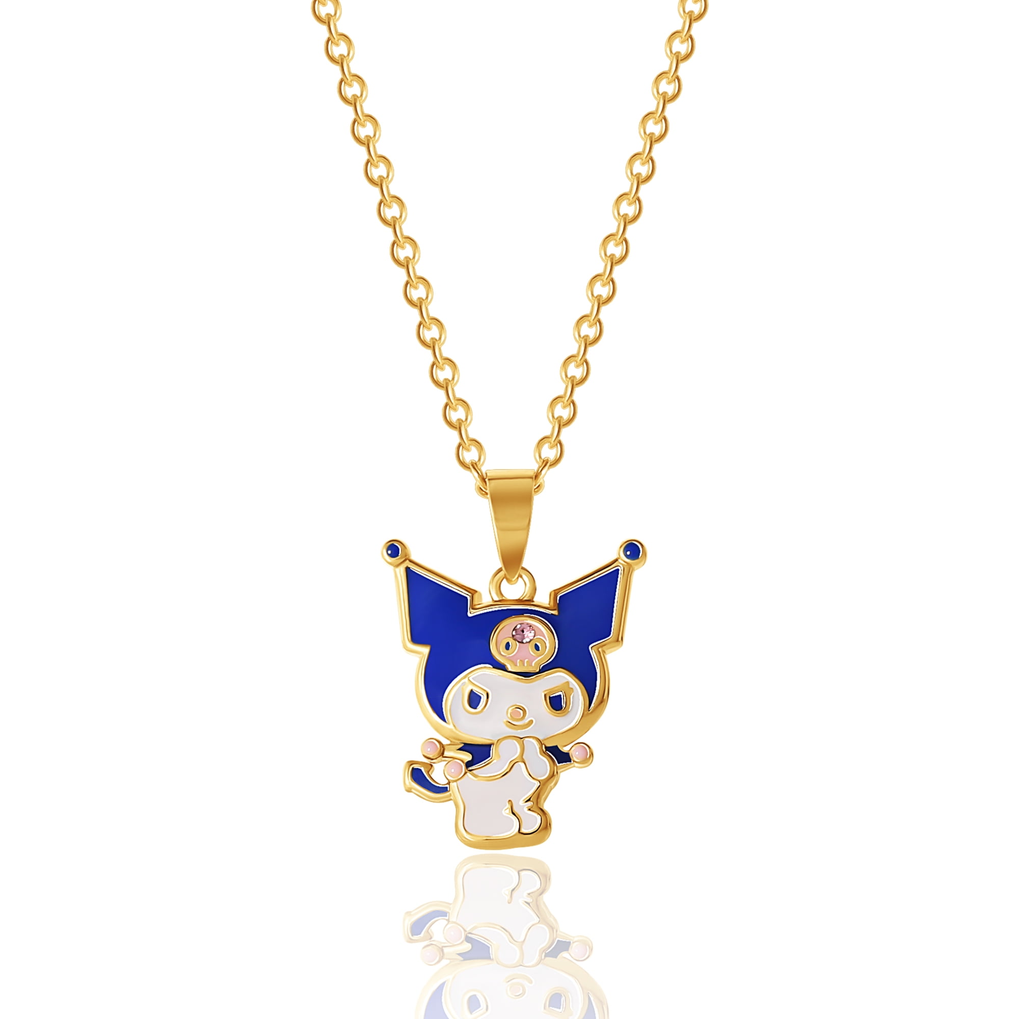 Sanrio Hello Kitty Brass Yellow Gold Plated and Light Rose Crystal Kuromi Pendant - 18'' Chain, Officially Licensed