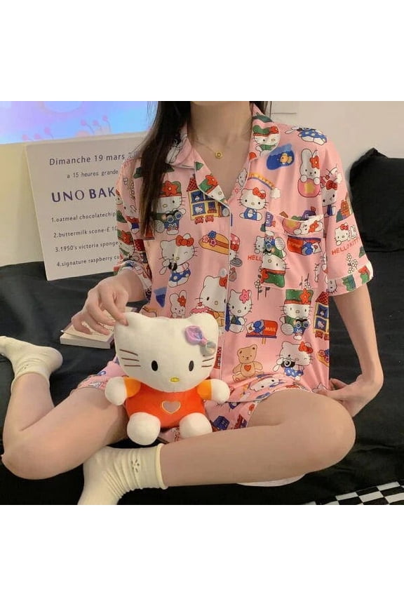 Sanrio Hello Kitty Cartoon Cotton Short Pajamas Sets Women Autumn Sleepwear Suit Sweet And Lovely Female Nightwear Home Clothing