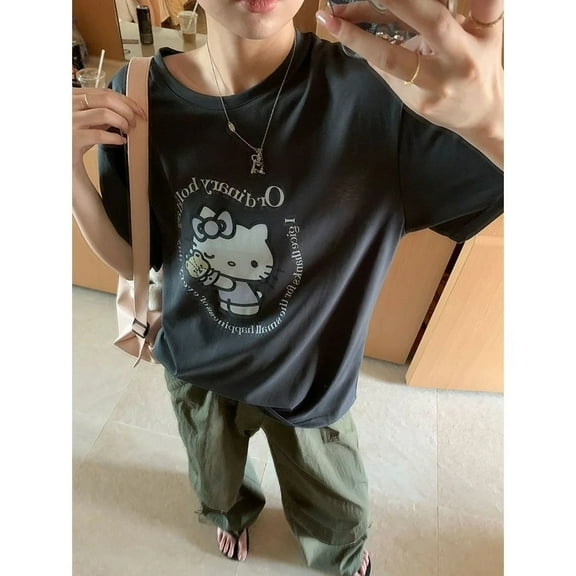 Sanrio Hello Kitty Cartoon Graphic Short Sleeve Tops Women Funny Anime Black T Shirt Y 2k Gothic Punk Japanese Tees Yk2 Shirt