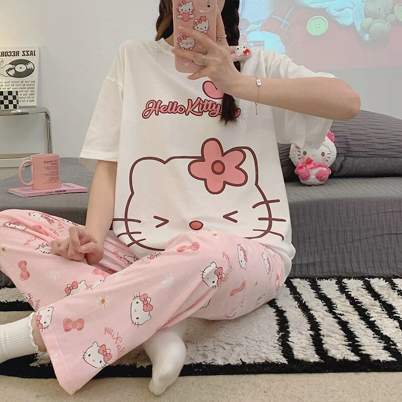 Sanrio Hello Kitty Cartoon Women's Pajamas Kawaii Anime Kt Round Neck ...