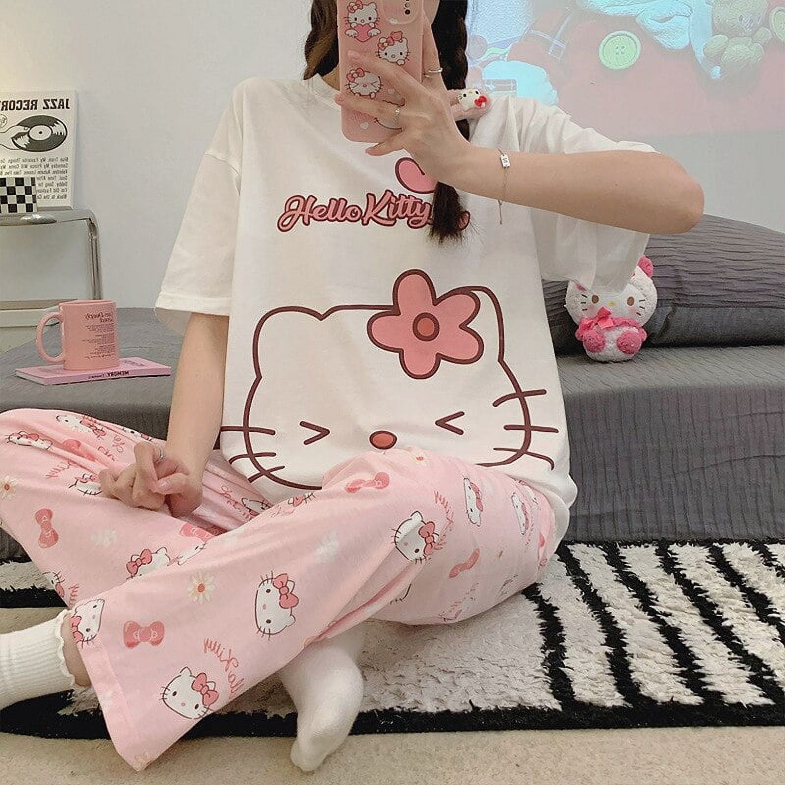 Sanrio Hello Kitty Cartoon Women's Pajamas Kawaii Anime Kt Round Neck Sweet  Short Sleeved Pants Home Wear Cute Birthday Gifts 