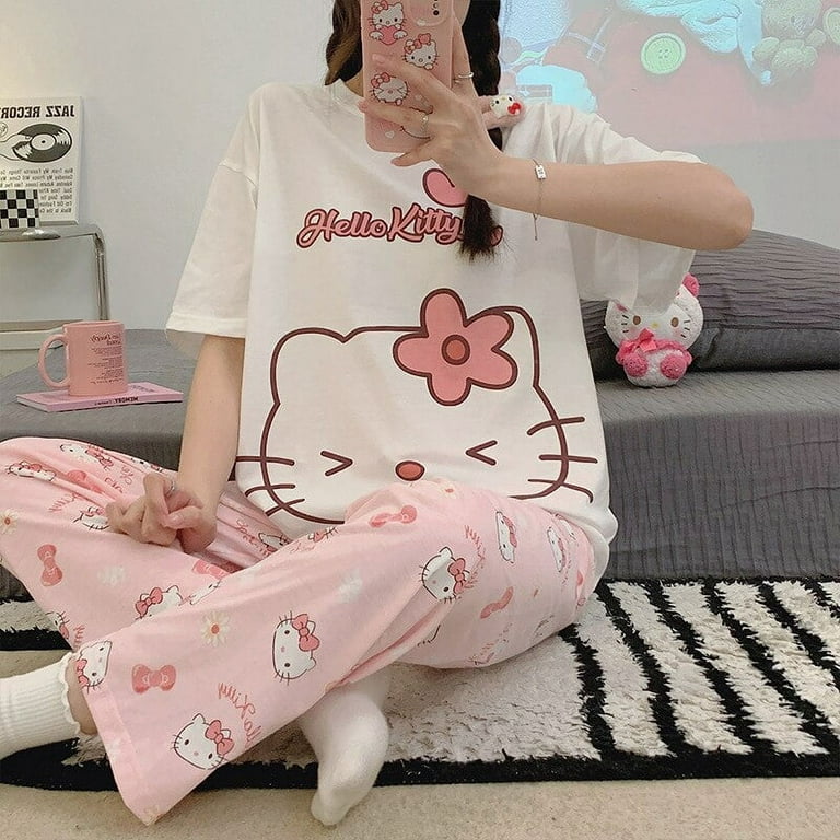 Sanrio Hello Kitty Cartoon Women's Pajamas Kawaii Anime Kt Round Neck Sweet  Short Sleeved Pants Home Wear Cute Birthday Gifts
