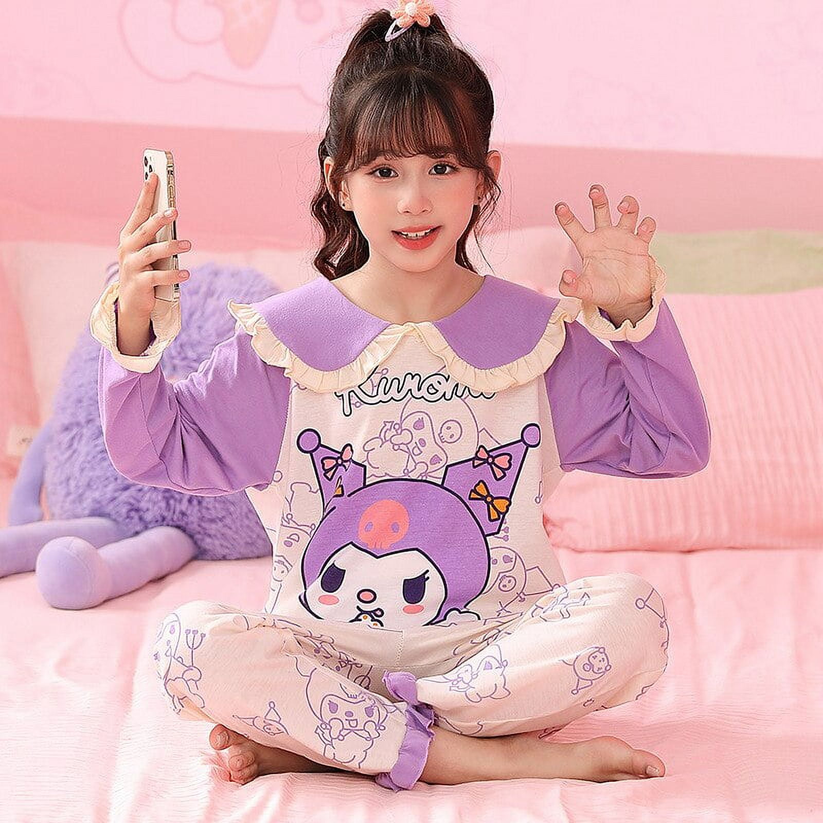 Sanrio Hello Kitty Children's Pajamas Kuromi Cinnamoroll Pochacco Autumn  Thin Long Sleeves Trousers Sweet Girl Loungewear Set 