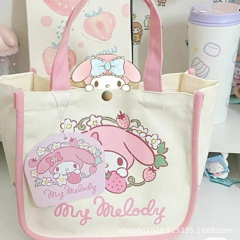Sanrio Hello Kitty Cinnamon Melody Women's Shoulder Tote Schoolgirl Cartoon  Cute Canvas Magnetic Clasp Hand Storage Lunch Bag 