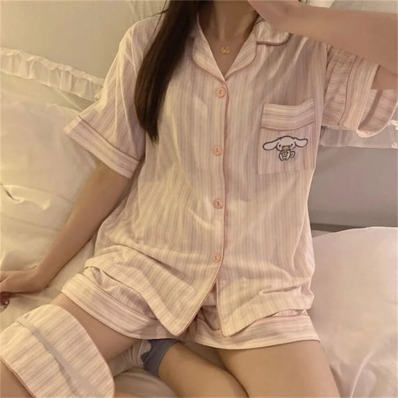 Sanrio Hello Kitty Cinnamoroll Pajamas New Summer T Shirt Shorts 2Pcs Homewear Kawaii Casual Polyester Soft Women Sleepwear Set