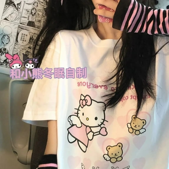 Sanrio Hello Kitty Clothes Anime Graphic Harajuku Shirt for Women Y2k Loose Short Sleeve Tees Korean Style Cartoon T-shirts Tops