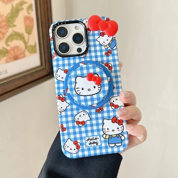 Sanrio Hello Kitty Cute Cartoon Magnetic Grip Holder Wireless Charge Phone Case For iPhone 17 16 15 14 13 Pro Max Cover