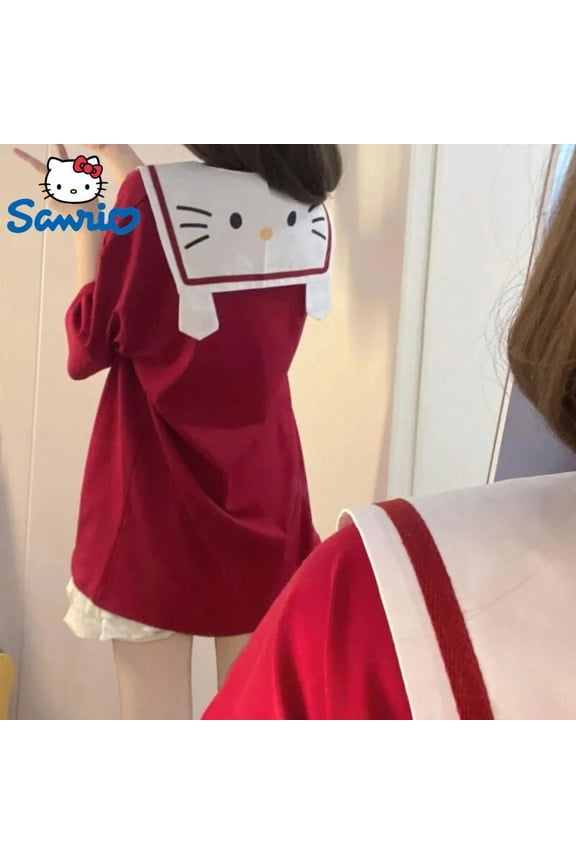 Sanrio Hello Kitty Cute Love-shaped Printed Cartoon Students T-shirt For Women Sailor Collar Harajuku Short Sleeve Student Top