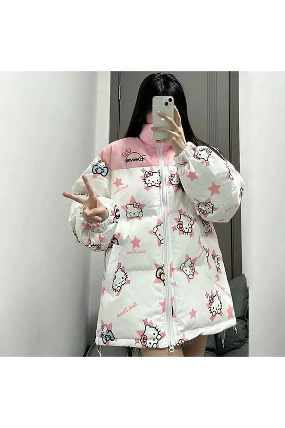 Sanrio Hello Kitty Cute Pink Star Coat Autumn Winter Fashion Clothes Women Cotton Padded Jackets Zipper Top